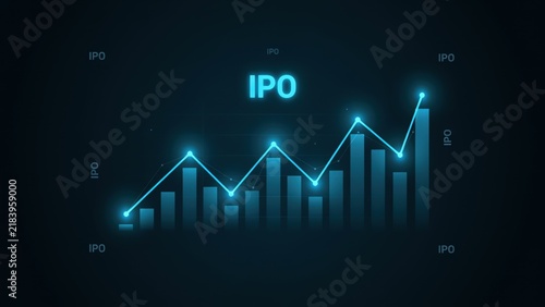 Financial growth chart with glowing blue bars and a rising trend line, featuring ipo labels on a dark background, for business data visualization