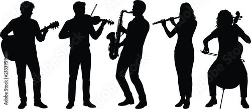 Musician Silhouette Band Collection Vector Set with Guitar Violin Saxophone Flute and Cello.