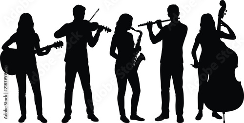 Musician Silhouette Ensemble Vector Set with Guitar Violin Saxophone Flute and Cello.