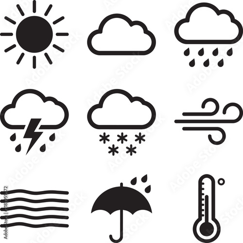 Weather icons display atmospheric conditions and climate measurements for professional forecasting apps.