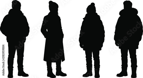 People Wearing Winter Coats and Hats Vector Silhouette Set for Cold Weather Apparel Design.