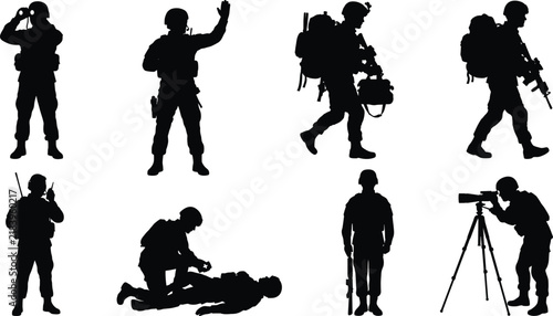 Set of military soldier silhouettes in combat gear carrying weapons, using radio, and providing first aid.