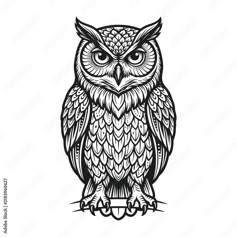 Obraz premium Detailed black and white illustration of an owl sitting with bird of prey