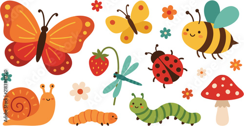 Cute Cartoon Garden Insects Vector Sticker Set with Monarch Butterfly, Honey Bee, Ladybug, Caterpillar, Snail, and Spring Meadow Flowers for Kids Graphic Designs