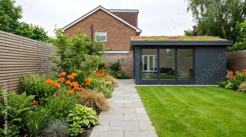 A contemporary garden room addition seamlessly connects to a classic brick home featuring a vibrant green lawn and colorful flowerbeds in the