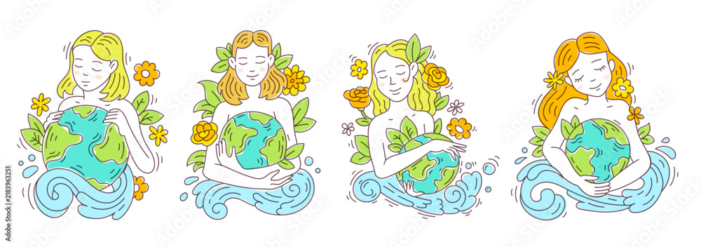 Naklejka premium Mother Earth day and ecology vector illustrations, flat line art set of woman hugging green and blue planet with flowers and leaves for environmental protection or save planet concept