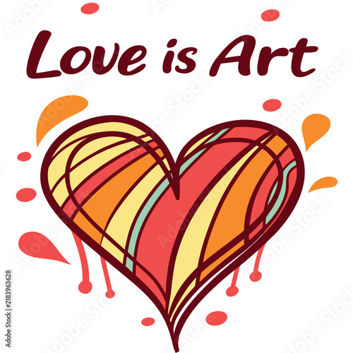 Abstract heart illustration with vibrant colorful stripes and paint splatters, creative artistic design