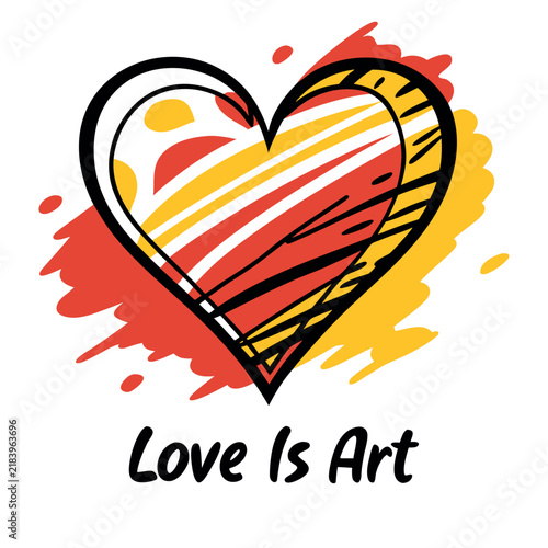 Abstract heart illustration with vibrant red and yellow paint splatters and artistic sketch lines, symbolizing passion and creativity