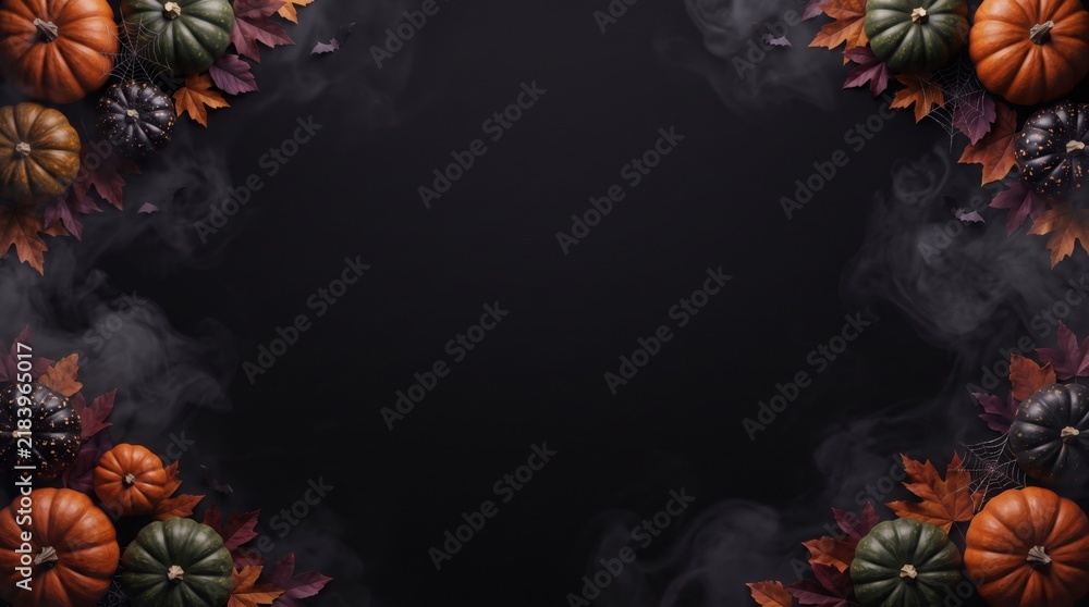 Obraz premium Halloween decorative border composed of seasonal pumpkins foliage spiders webs and ethereal foggy mist background with rectangular frame composed