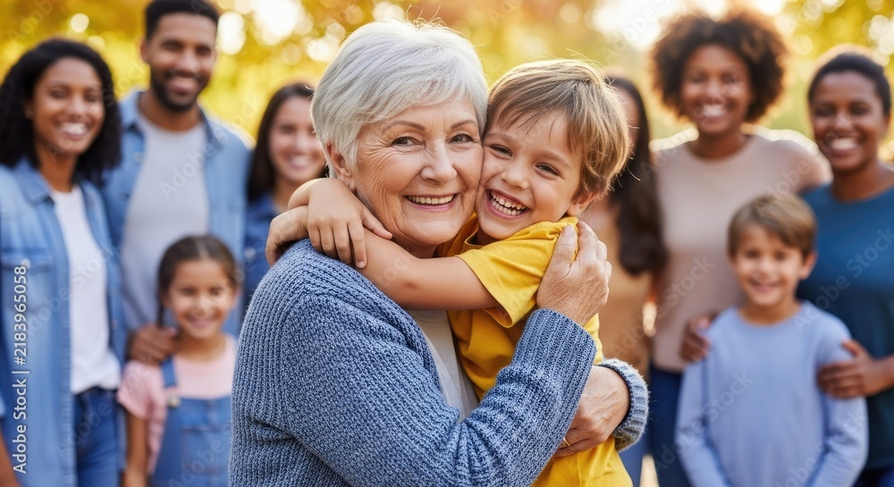 Obraz premium A smiling grandmother hugging her grandson in a park with a group of people in the background.