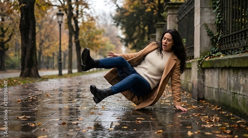 Young woman wearing beige trench coat slips on wet pavement in autumn park trying to catch herself with her hand while falling backward on slippery stone path.