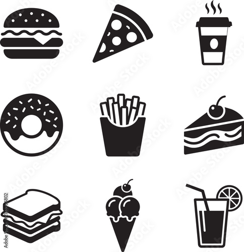 Fast food and dessert icons displayed in a uniform grid represent various popular snacks and beverage options.