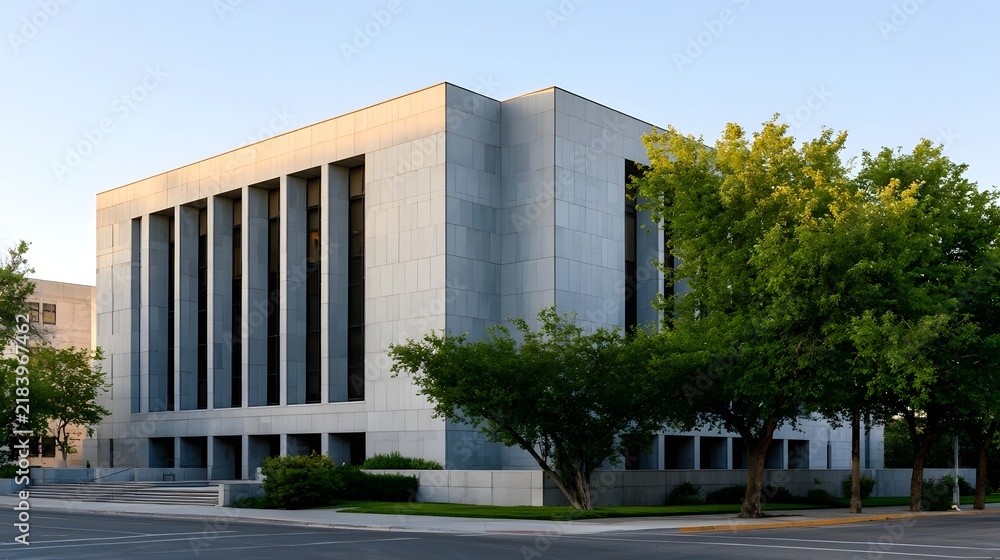 Fototapeta premium Modern institutional building with stone facade and vertical surrounded by green trees and paved streets under clear sky