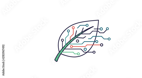 Sustainable green technology leaf with electronic circuit board lines in creative eco tech vector illustration.
