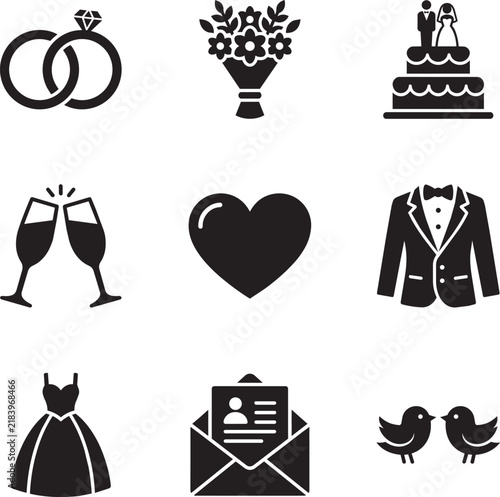 Wedding icons set featuring rings, a bridal bouquet, a tiered cake, and formal attire symbols for event planning.