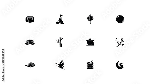 Stylized black silhouettes of traditional symbols arranged in grid pattern with collection minimalist black silhouettes cultural icons arranged neatly organized