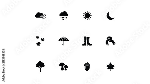 Autumn weather icons depicting seasonal elements and accessories in minimalist black with natural elements seasonal themes conditions foliage accessories