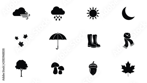 Seasonal icons representing autumn weather and nature elements in black silhouette style with illustrate autumn related natural items with leaves mushrooms acorns