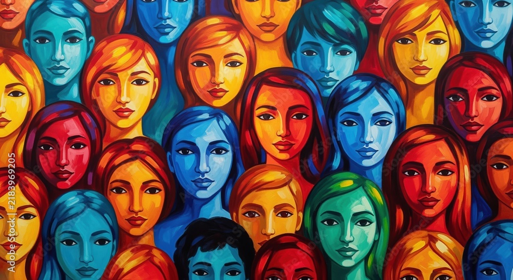 Fototapeta premium Vibrant illustration of diverse faces in bold colors—red, blue, orange, yellow, green. Stylized people with various expressions packed closely together. Represents diversity, community, and unity.