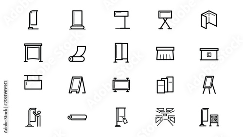 Set of various office and presentation furniture icons isolated on transparent background