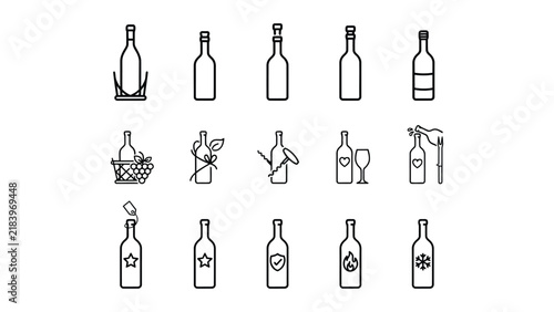 Set of wine bottle icons with various decorative and functional elements isolated on transparent background