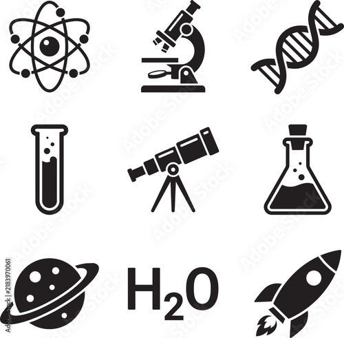 Scientific research icons including an atom, microscope, dna strand, and rocket represent academic discovery, space exploration, and chemical analysis.