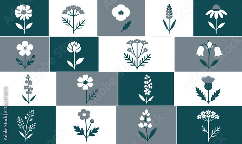 A collection of stylized botanical icons arranged in a grid featuring various wildflower species.