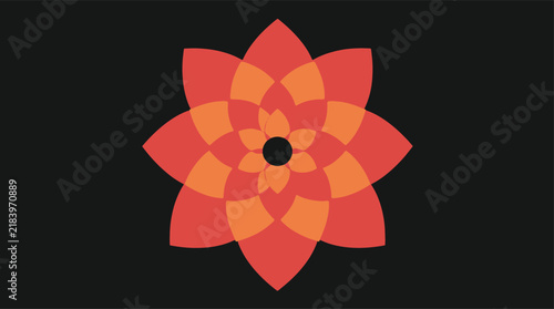 A stylized geometric flower shape composed of overlapping vibrant orange and red petal layers.