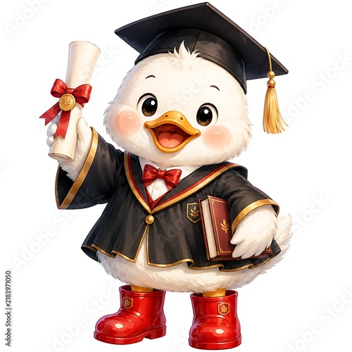 Funny duckling student celebrating graduation day with diploma, watercolor clipart design