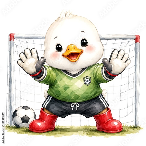 Cute duck character in goalkeeper uniform playing soccer, isolated illustration