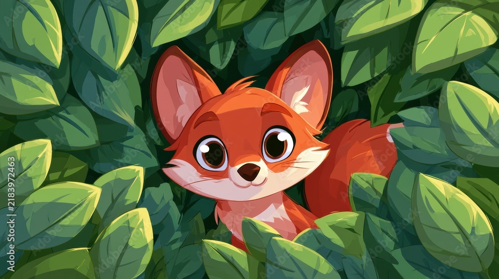 Obraz premium A playful fox with big eyes peeks through lush green leaves in a forest. The fox looks lively and curious in its natural habitat.