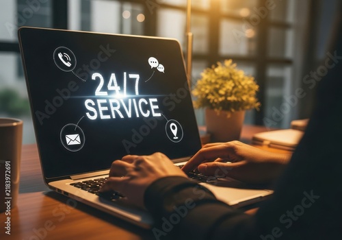 Person working on a laptop with a twenty four seven customer service concept displayed on the screen