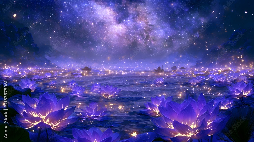 Fototapeta premium Ethereal anime night landscape of a glowing lotus lake under a vast cosmic nebula and starry sky