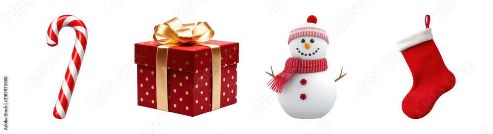 Obraz premium PNG Christmas holiday icons with candy cane, gift box, snowman, stocking transparent background
