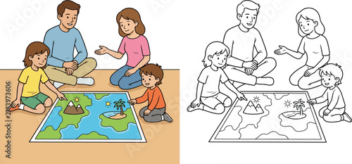 imagine our family adventure kid boy girl father mother enjoying family time cartoon clipart and lineart print vector illustration for school student children coloring book