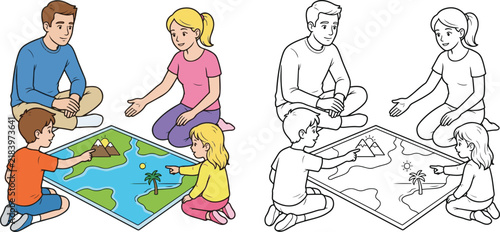 imagine our family adventure kid boy girl father mother enjoying family time cartoon clipart and lineart print vector illustration for school student children coloring book