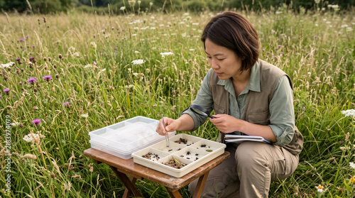 Female entomologist examining insect specimens in sample tray outdoors in meadow field. Concept of researcher, counts, field research, scientist.