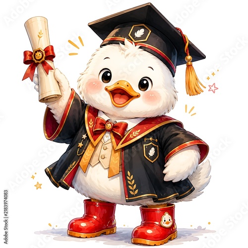 Adorable white duck graduate holding degree certificate with red ribbon, cute animal character