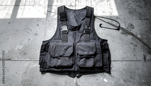 Black tactical utility vest with multiple cargo pockets and adjustable straps