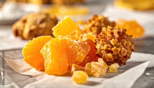 Bright Candied Orange Pieces and Nut Clusters with Sweet Sugar Crystals