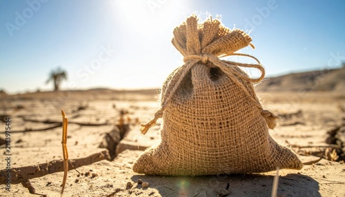 Burlap Sack Resting on Cracked Dry Earth Under Bright Sunny Desert Sky
