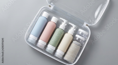 Set of small travel bottles for shampoo and lotion inside a clear plastic bag. drip safe bottles