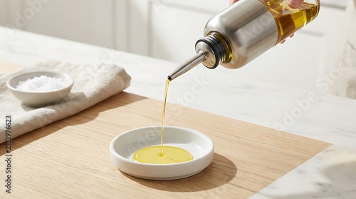 Extra virgin olive oil pouring from a glass dispenser into a small white bowl on a wooden board. drip safe bottles