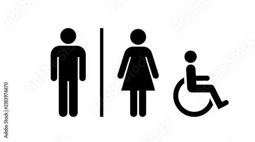 Black toilet restroom signs for men women and disabled people isolated on white background
