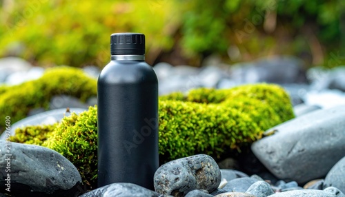 Modern Matte Black Reusable Water Bottle Set Amidst Natural Outdoor Scenery