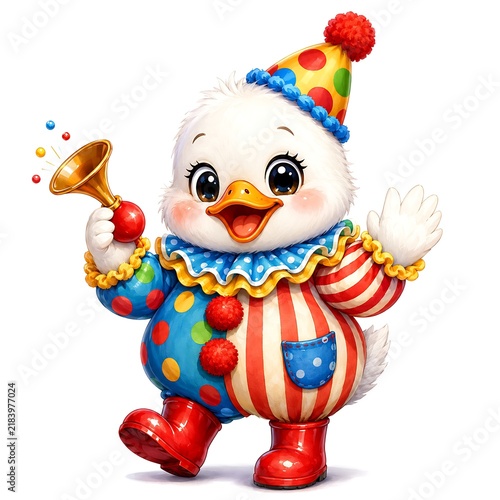 Adorable white duck circus clown holding party horn, cute animal character design