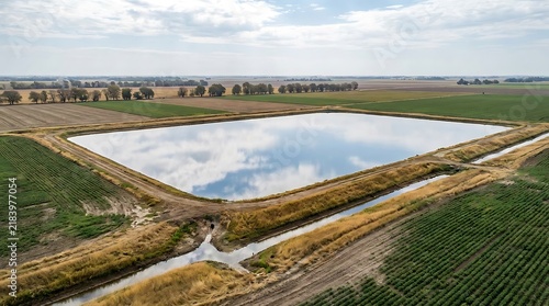 Aerial view of a large water reservoir surrounded by farmland and agricultural fields. farm drainage solutions