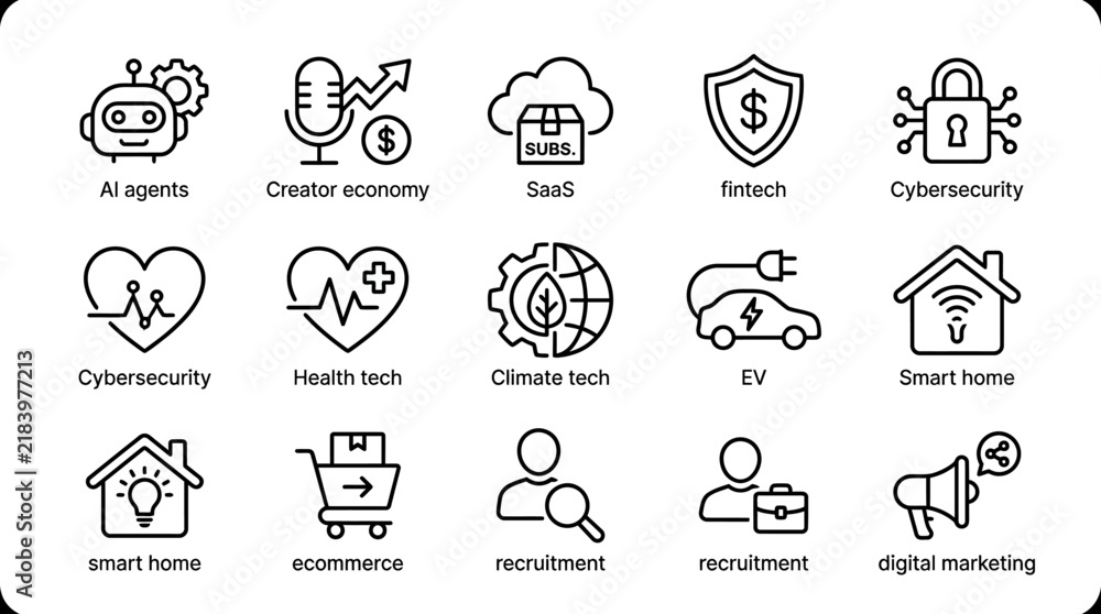 Obraz premium Technology and business icons set including ai agents creator economy saas and fintech solutions.