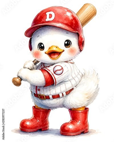 Cute duckling baseball player wearing red cap ready to hit the ball, cartoon mascot