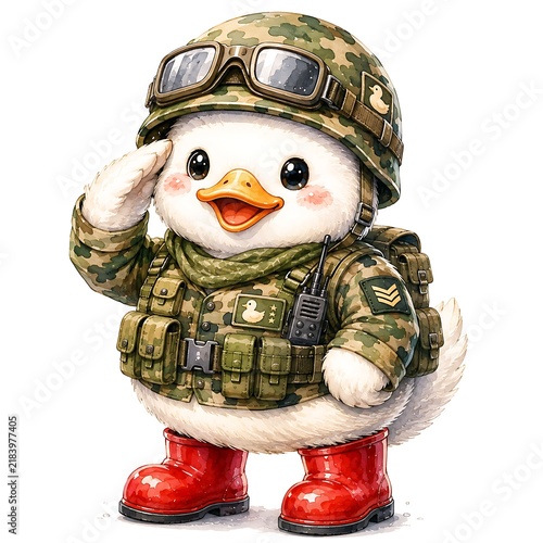 Adorable Duckling Soldier in Camouflage Uniform Giving Salute